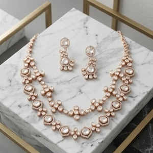 Parure de collier et boucles d'oreilles Kundan superposés en or rose, bijoux de mariée de luxe avec sertissage géométrique pour femme, bijoux de mariage - Product Image 3