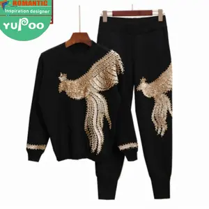 Setelan Sweater Dua Potong untuk Wanita, Pakaian Olahraga Celana Panjang Rajut Lengan Penuh Musim Gugur Musim Dingin, Set Sweter Dua Potong