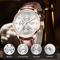 Montre de sport de luxe pour homme LG89198 en cuir, à quartz, étanche, lumineuse, avec calendrier et chronographe, design simple et antique, en acier inoxydable