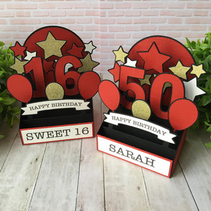 <b>Sweet</b> 16 Birthday Pop-Up Card <b>Box</b> With Stars And Balloons Red Gold Design Party Decoration - Product Image 3