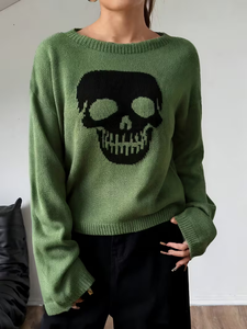 Pull en tricot à motif crâne pour femme, hiver 2026, col rond, coupe oversize, 100% acrylique, style grunge - Product Image 3