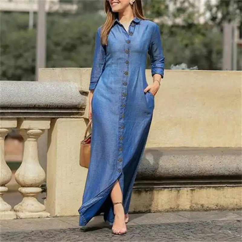 BR2664 s to 5xl fashion long sleeve solid color long denim dress women