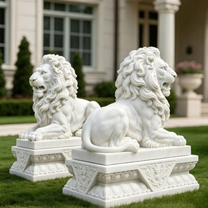Statues de lions couchés en marbre naturel de qualité supérieure, sculpture de lion en pierre blanche sculptée à la main pour l'entrée d'hôtels et de villas - Product Image 6