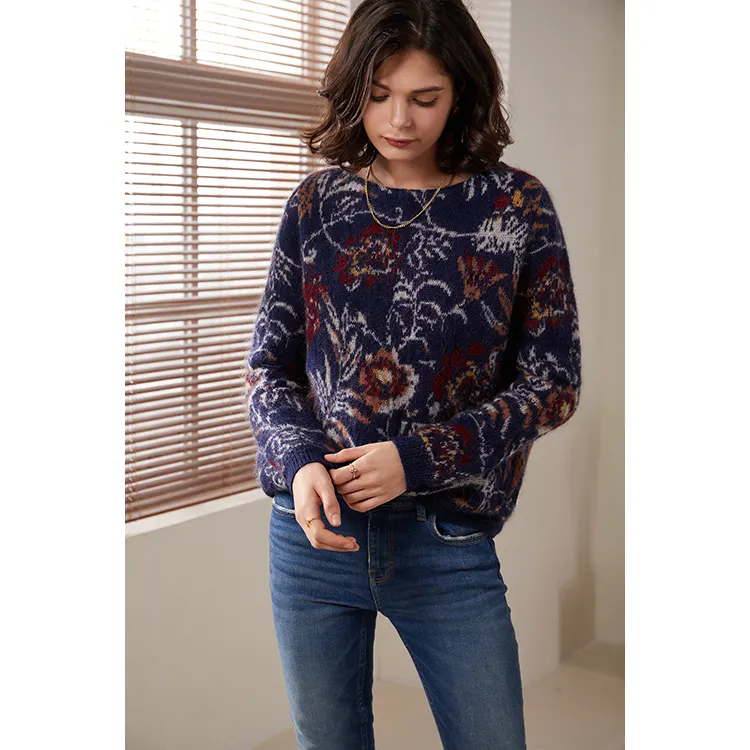 Factory OEM & ODM Women's Printed Pullover Long Sleeve Loose Style Round Neck Long Sleeve Sweater