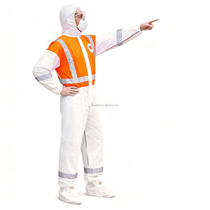 Combinaison de protection de type 5/6 avec coutures thermocollées, capuche et bande réfléchissante grise, combinaison microporeuse blanche et orange - Product Image 3