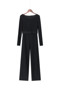 Set 2 Pezzi: Top Corto a Maniche Lunghe con Scollo a Barca e Pantaloni a Vita Alta, Nero Tinta Unita, Traspirante in Spandex e Cotone, Abbigliamento Yoga - Product Image 2
