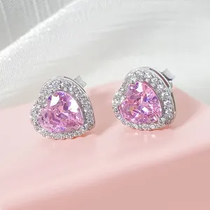 Gioielli in argento 925 di colore rosa con orecchini di zirconi da donna alla moda S925 orecchini a lobo in argento per ragazze