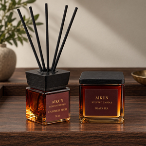 Coffret cadeau diffuseur de parfum à bâtonnets en verre ambré carré Aikun, deux pièces, avec bâtonnets en fibre noire, logo personnalisé pour cadeaux d'affaires - Product Image 2