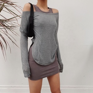 <span class=keywords><strong>Maglietta</strong></span> estiva personalizzata con logo Sexy a maniche lunghe di alta qualità abito da camicia a spalla per le donne - Product Image 4