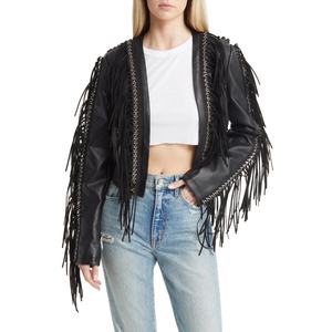 Chaqueta de Cuero Sintético PU Personalizada Profesional OEM para Mujer con Detalles de Flecos y Remaches - Product Image 1