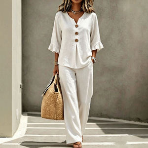 Women's Casual <b>Linen</b> Two Piece <b>Set</b> V Neck Button Top Wide Leg Pants Sky Blue S M L XL XXL XXXL - Product Image 3