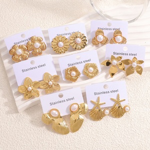 Boucles d'oreilles Jingciren Boutique, style européen et américain, design floral, luxe léger, simples, en acier inoxydable, avec perles. - Product Image 1