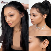 Perruque frontale en dentelle HD 13x6 sans colle, pré-épilée, pré-coupée, cheveux humains lisses, avec cordon de serrage ajustable, noir naturel