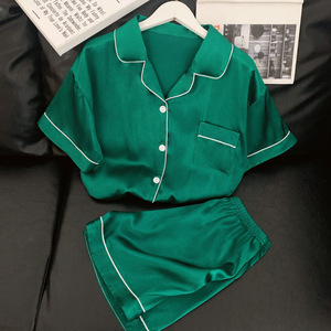 In stile minimalista stile Senior <span class=keywords><strong>verde</strong></span> intellettuale pigiama da <span class=keywords><strong>donna</strong></span> a maniche corte Cardigan estivo abito Casual Casual in seta di ghiaccio - Product Image 4