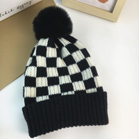 Bonnets tricotés à carreaux avec pompon moelleux, chauds pour l'hiver, à revers côtelé, vente en gros, multicolores pour femmes et hommes