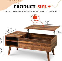 Table basse relevable rustique moderne avec rangement et étagères ouvertes, meuble de salon en bois, vente en gros pour appartement et hôtel