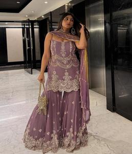 Luxury Faux Georgette Wedding Sharara Outfit for Women <b>Ornamental</b> Embroidery <b>Stone</b> Accents Coordinated Dupatta for Party Wear - Product Image 3