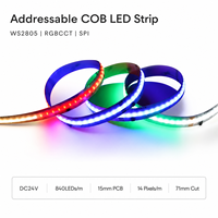 Bande LED COB adressable WS2805 RGBCCT DC24V 840 LED/m, PCB 15mm, 14 pixels/m, SPI, couleur de rêve, ruban lumineux linéaire flexible