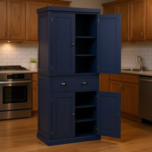Armoire de cuisine bleu marine de 72 pouces avec 4 portes, 3 étagères réglables, grand tiroir central, solution de rangement moderne - Product Image 2
