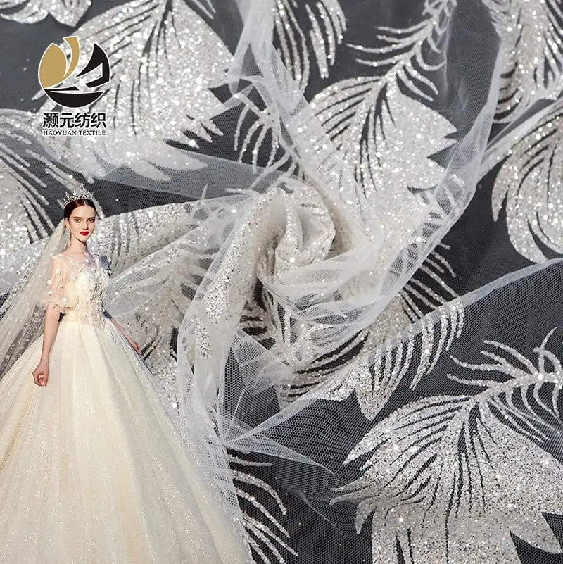 OEM acepta diseño personalizado vestido completo 100% poliéster lentejuelas glitter tela de tul para boda