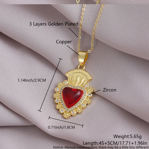 Europäische und Amerikanische Herzförmige Zirkon-Kreuz-Anhänger-Halskette, Heiliges Herz Halskette, Kupfer Vergoldete Herz-Halskette - Product Image 6