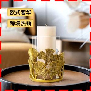 Gold Resin <b>Candle</b> Holder <b>Set</b> Tropical Leaf Design Home Decoration For Living Room Craft Ornament With Glass Jar - Product Image 2