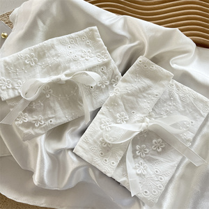 Custom <b>White</b> Cotton <b>Envelope</b> Bag for Women Simple Floral Lace Flap Cover Pouch with Embroidery Flower Pattern for Jewelry Party - Product Image 2