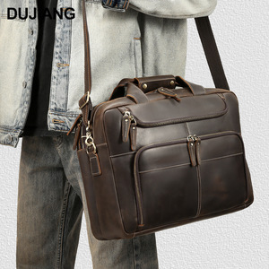 Dujang Men's Leather <b>Briefcase</b> Large Capacity Business Travel Laptop Bag Top Grain Cowhide Solid Color Brown - Product Image 1