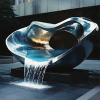 Fontaine à anneau en acier inoxydable DEWY DW_10M avec rideau d'eau et anneau lumineux LED, grand miroir moderne pour décoration extérieure de hôtels et espaces publics