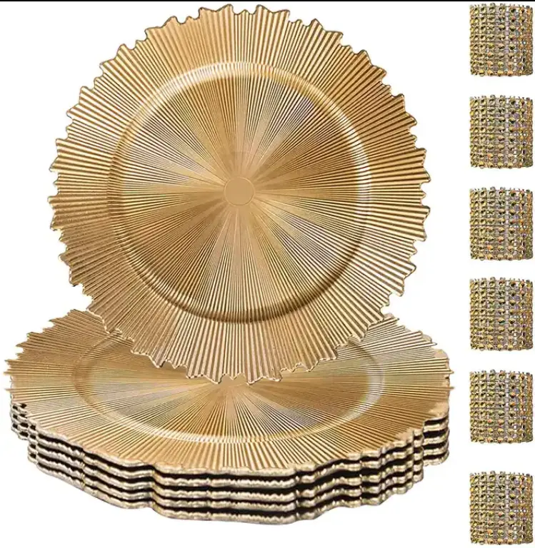 Placas de ouro plásticas modernas para banquetes e festas de casamento, carregador de jantar, decoração de mesa