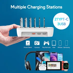 Trạm Sạc cho nhiều thiết bị 5 cổng với 5 Cáp USB ngắn cho điện thoại di động và máy tính bảng/sản phẩm điện tử