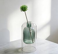 Vas Kaca Tiup Tangan Warna Teal, Botol Diffuser Kaca Dinding Ganda, Vas Bunga Kaca Hidroponik untuk Dekorasi Meja OEM ODM