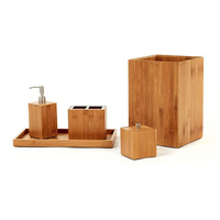Ensemble d'accessoires de salle de bain en bambou 5 pièces, ensemble de salle de bain en bois complet avec distributeur de savon et porte-brosse à dents