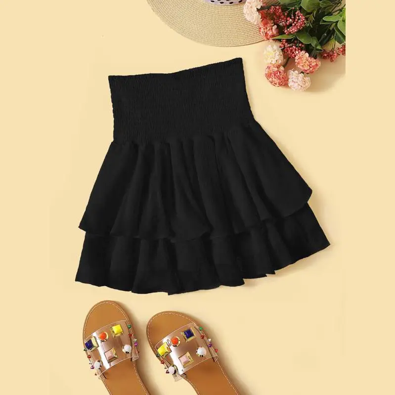 女性の夏のカジュアルなかわいいプリーツスカート伸縮性のある高層ウエストティアードフラウンス裾Aラインシルエットフリル付きショートスカート