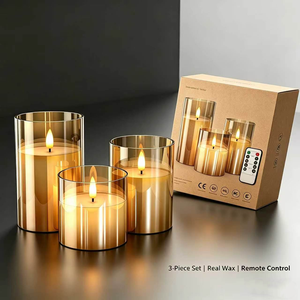 Maßgefertigte OEM-Batterie Fernbedienbare Flackernde 3D-Flammen CE RoHS Echtwachs-Säulen-Glas-LED-Kerzenset für Globale Marken & Einzelhändler - Product Image 1