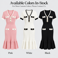Robe Midi Tricotée Élégante d'Été pour Femme, Style Français, Col en V, Blocs de Couleurs, Manches Courtes, Taille Cintrée, Coupe Moulante, Vente en Gros OEM ODM