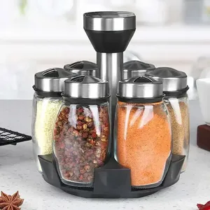 7pcs Spice Jar Set Rack Glass Organizer Rotating Glass Seasoning Sugar Pepper <b>Bottles</b> Salt Shakers Holder Kitchen Storage Rack - Product Image 1
