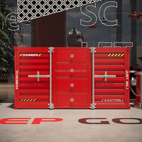 Credenza Industrial Vintage de Hierro con Estampado de Advertencia Rojo Brillante, Armario de Almacenamiento con Cerradura, Ecológico, para Garaje o Cafetería