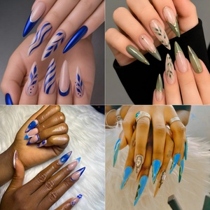 <span class=keywords><strong>Uñas</strong></span> Acrílicas Postizas, Largas, Estilo Stiletto, Base Rosa Cian, Decoración Floral 3D, Cristal, Lámina Dorada, Hechas a Mano - Product Image 2