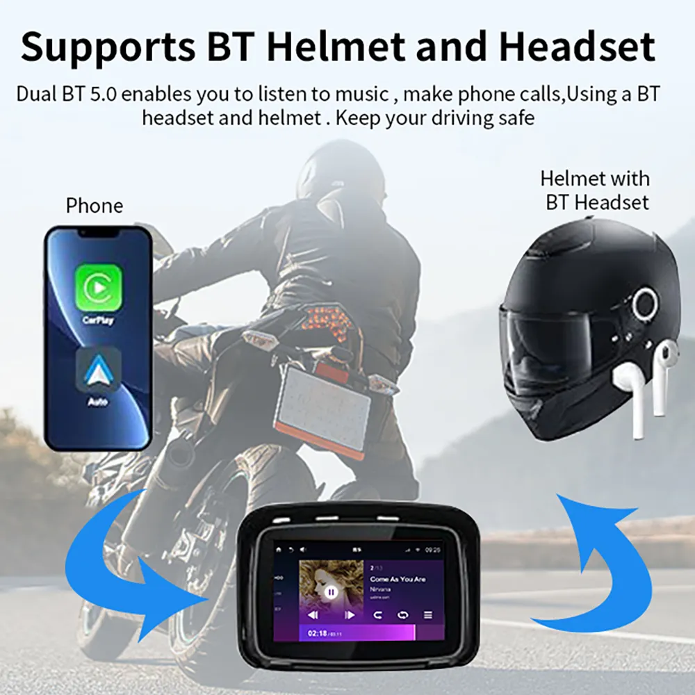 IP67 impermeable motocicleta CarPlay y Android Auto pantalla táctil de 5 pulgadas BT V5.0 pantalla Carplay inalámbrica para motocicleta