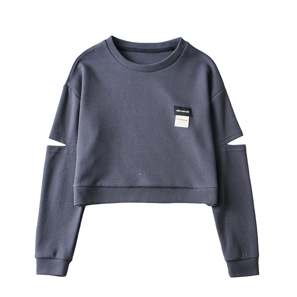 Wholesale Crewneck Sweatshirt Women Clothes Cotton Waffle Fabric Cut Out Long Sleeve Dark Grey Ladies Sweatshirts