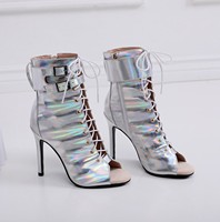 Bottes de danse à talons aiguilles pour femmes, à bout ouvert, avec sangles à boucles holographiques brillantes, pour performance jazz, vente en gros