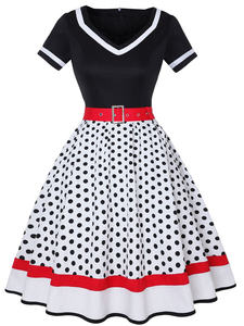 Polka Dot Print Retro Vintage Dress Rockabilly 4XL Fat Vêtements pour femmes V-Neck Belt A-Lined <span class=keywords><strong>Pin</strong></span> <span class=keywords><strong>up</strong></span> 50s Midi Dress - Product Image 5