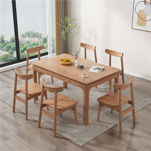 Rectangular <b>Dining</b> <b>Table</b> And Chair Set 6 Piece Natural Wood Color Modern Minimalist Style <b>Space</b> <b>Saving</b> <b>Dining</b> Room Set - Product Image 5
