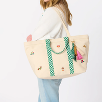 Sac fourre-tout en toile brodée grande capacité pour femme, sac à bandoulière réutilisable pour la plage, les voyages et le shopping avec sangle à carreaux.