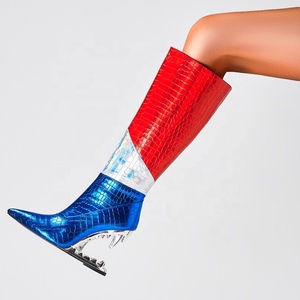 Teeth Shape Heels Wide Fit Women's Big Size 46 Knee High <b>Boots</b> Ladies Mixed Colors Shoes Wedge Heel on Long Booties - Product Image 6