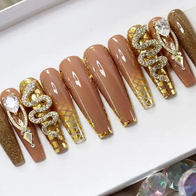 Hot Sale Long Ballerina Fake Nails Press On Golden Snake Designed Private Label Luxury Glitter Stick On Nails With Rhinestones
