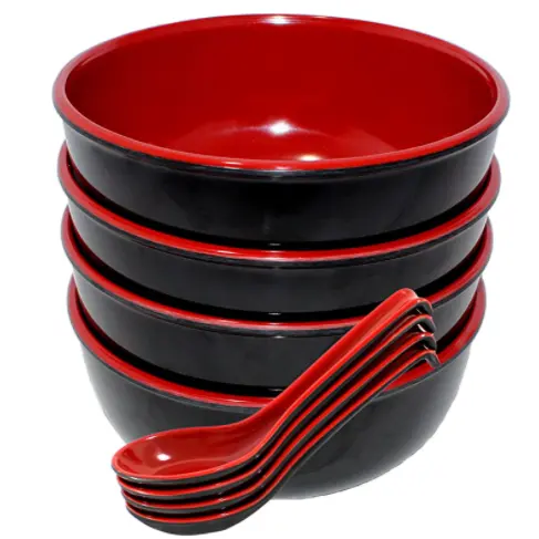 된장 세트 4 큰 멜라민 국수 수프 그릇과 숟가락-빨간색과 검은 색 40 온스