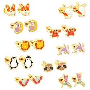 Stainless Steel Animal Stud Earrings Gold Plated Owl Raccoon Whale Rrab Lion Penguin Rabbit Butterfly Dog Earrings