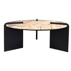 Luxury <b>Round</b> Travertine Marble <b>Coffee</b> <b>Table</b> with Modern <b>Black</b> Metal Legs for Living Room Furniture - Product Image 1